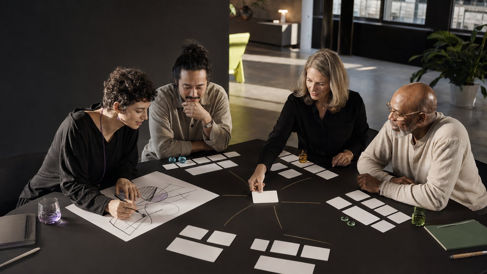 Founders mapping complementary strengths across a table