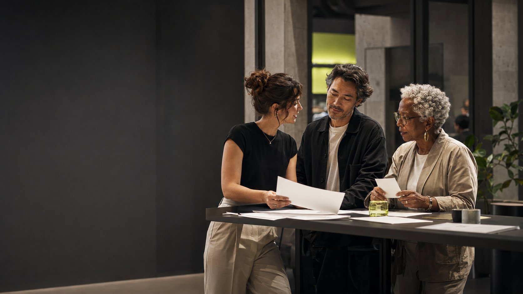 Three founders reviewing their assessment results together