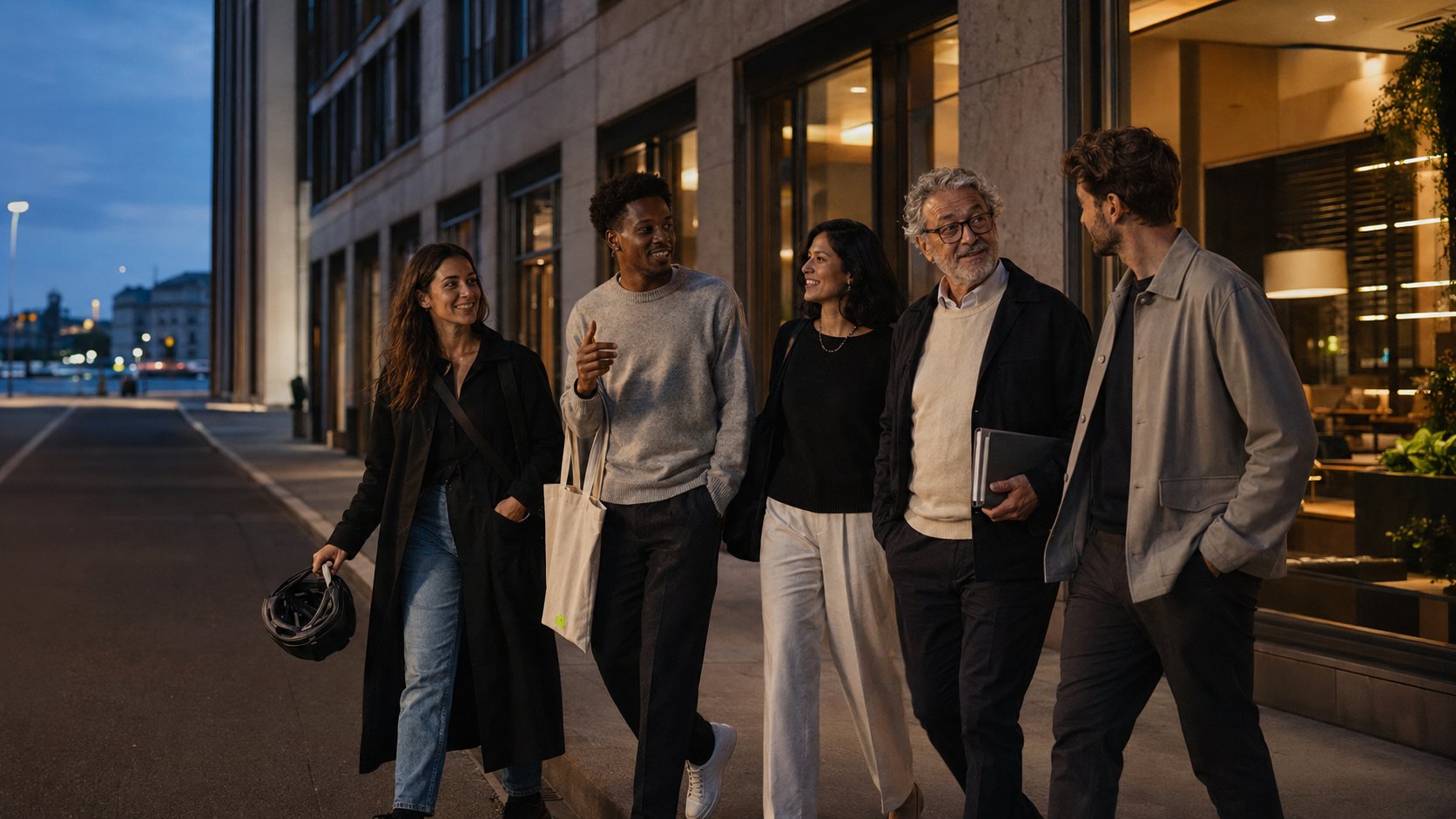 Members walking together through Geneva at dusk
